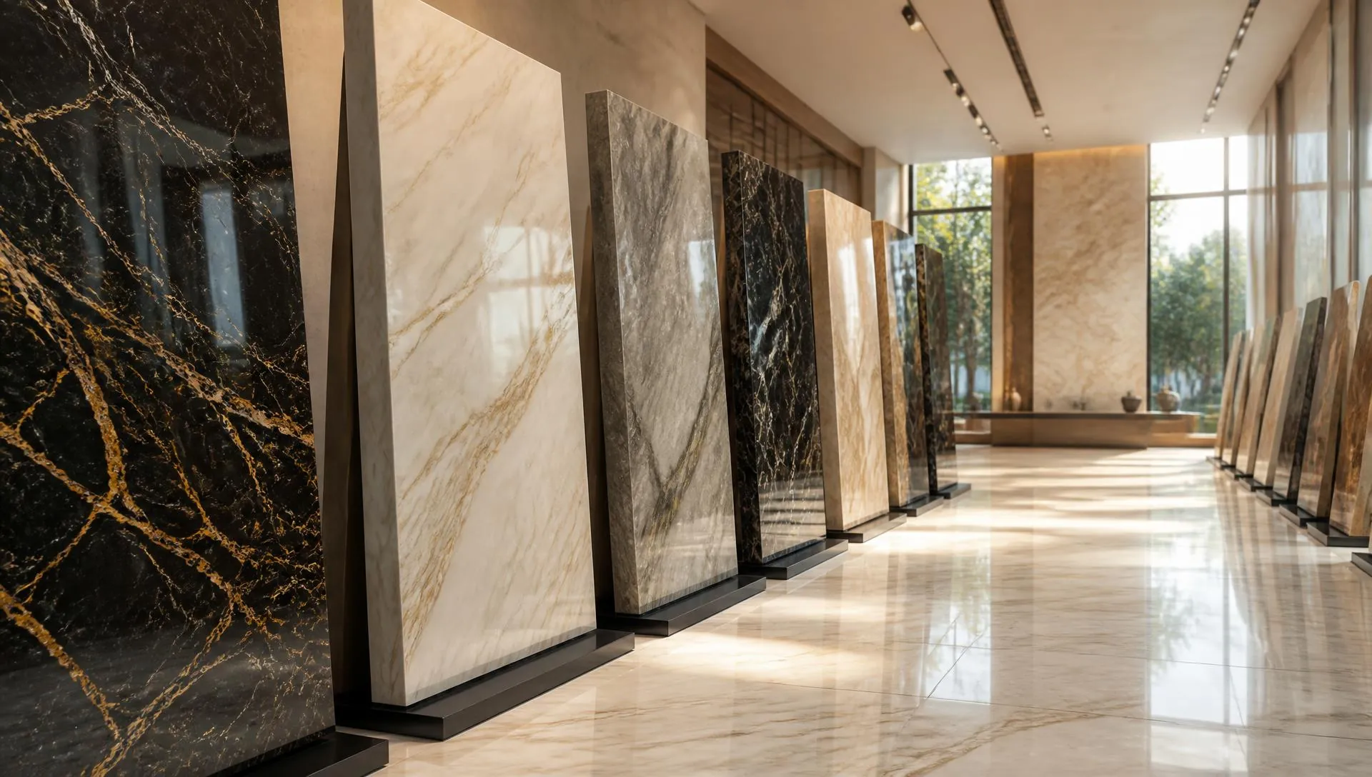 Polished marble and granite slabs on display in the QAIDEEN.CO showroom